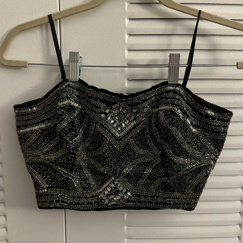 Strapless beaded black velvet top